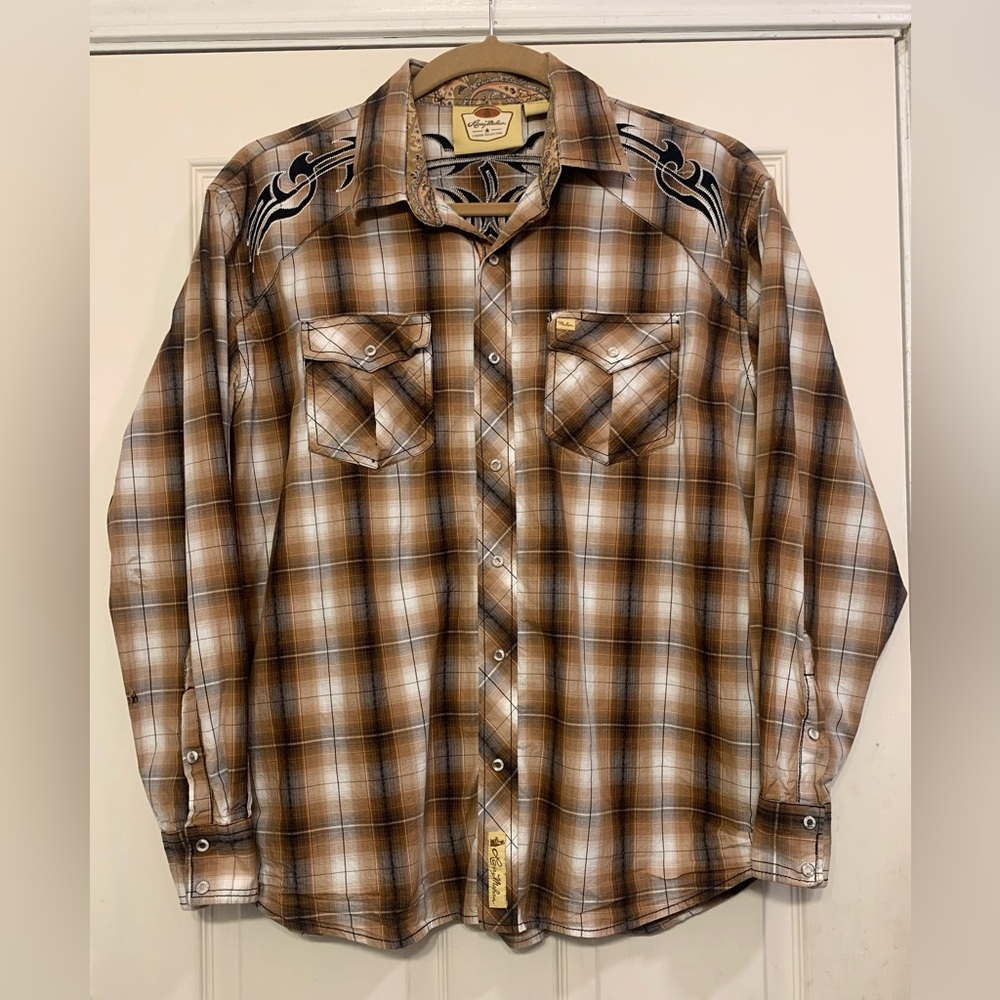 Larry Mahan Brown Black Plaid Long Sleeve XXL Button Up Shirt.             3173